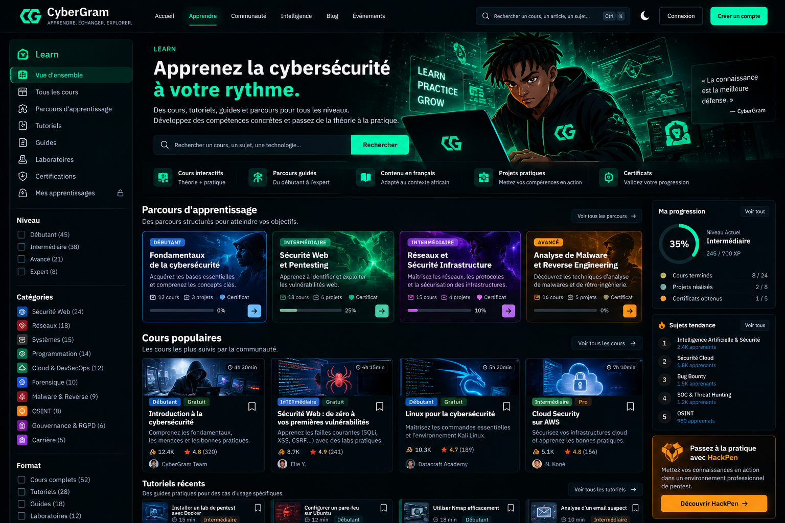 Capture du module Apprendre de CyberGram